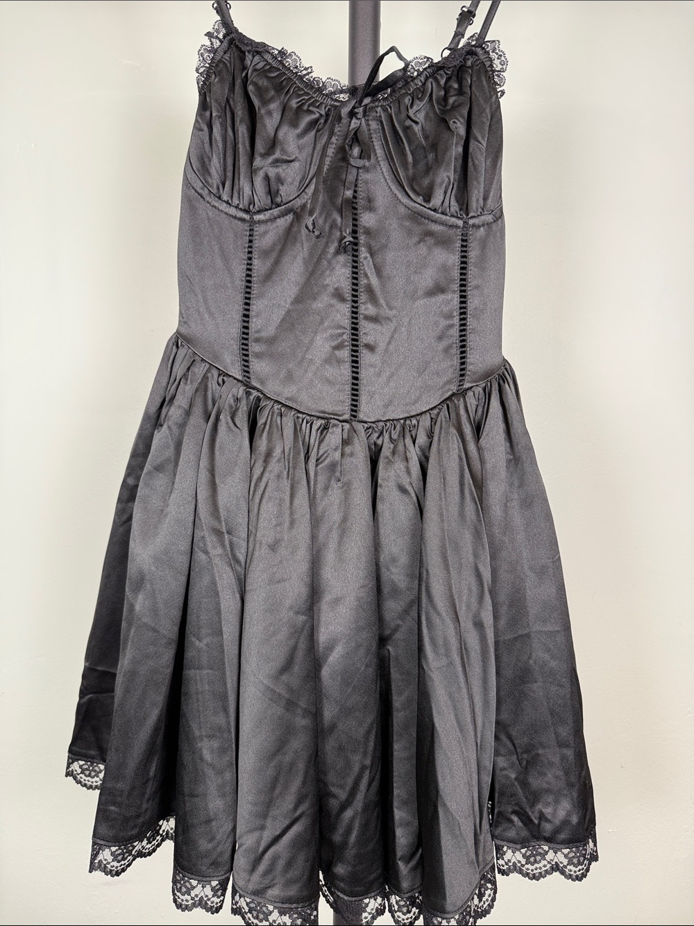 ✨ Black Satin Corset Mini Dress Lace Trim Ruched Bust Front Tie Babydoll - S
